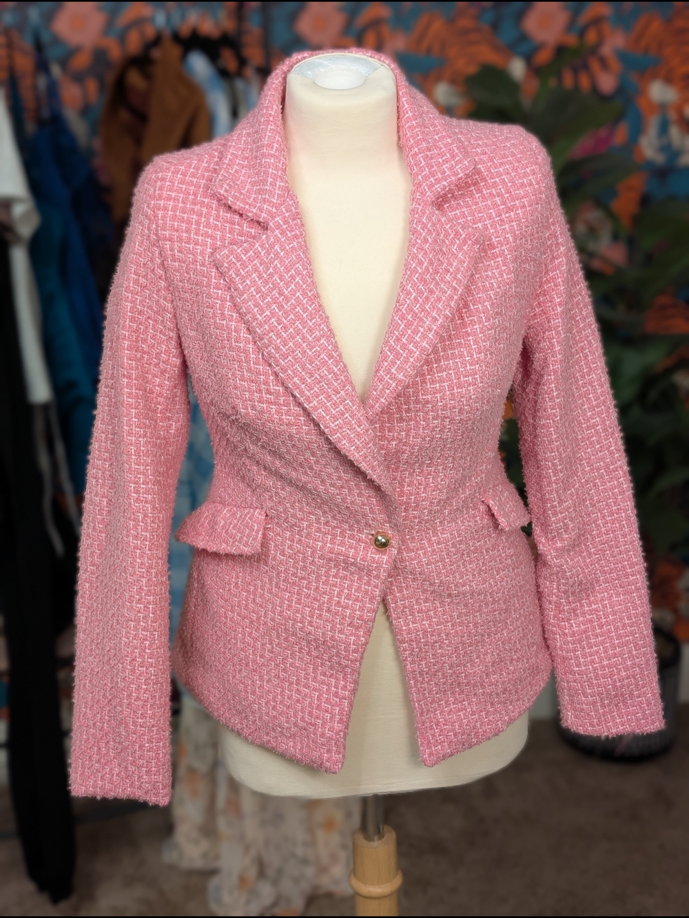 Express Pink PLAID BOUCLÉ TWEED BLAZER - NWT - XS